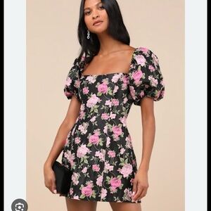 Lulus Black Mini Dress Pink Floral Pattern Spring Wedding Cocktail Puff Sleeve L
